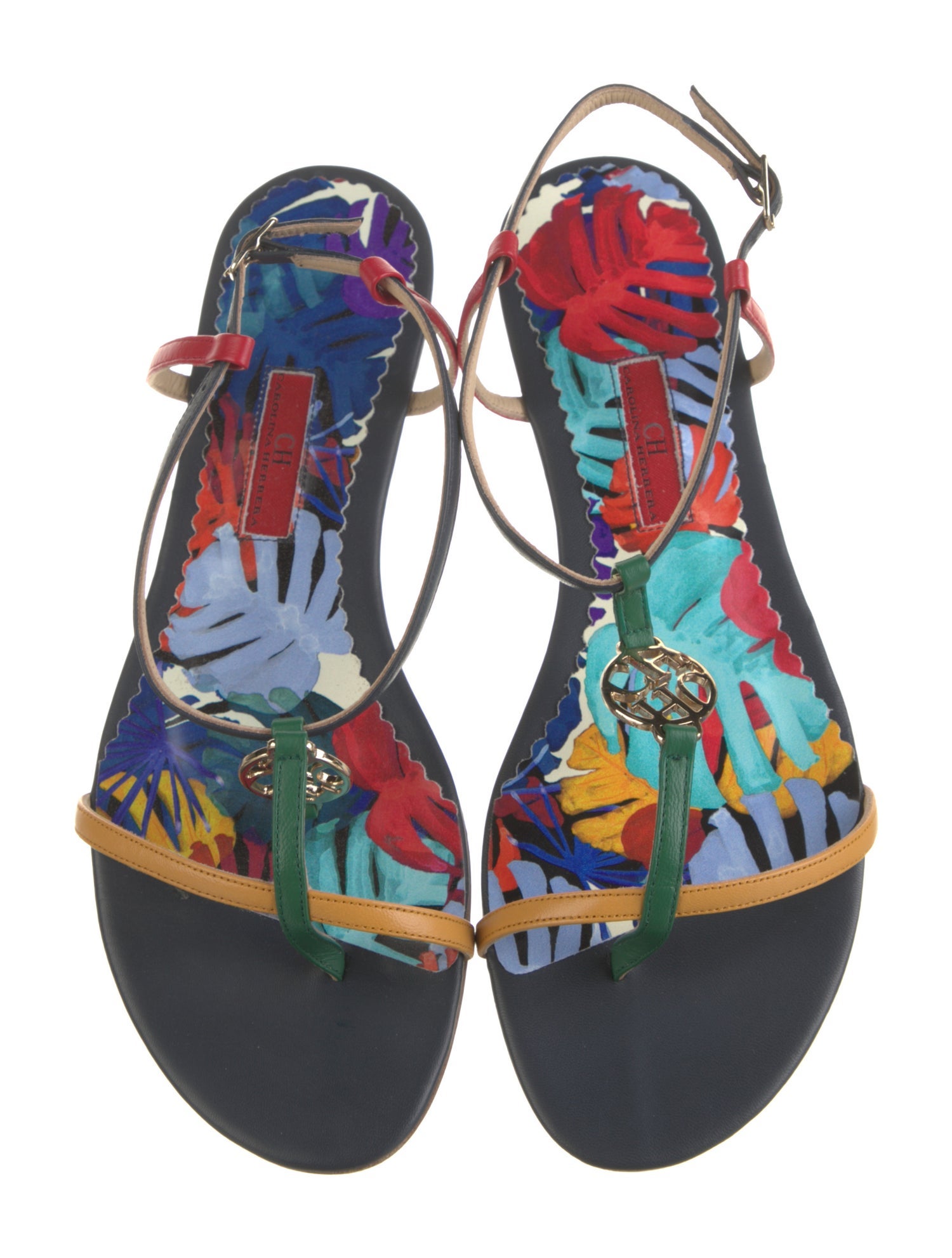 CH Carolina Herrera Leather Printed T-Strap Sandals